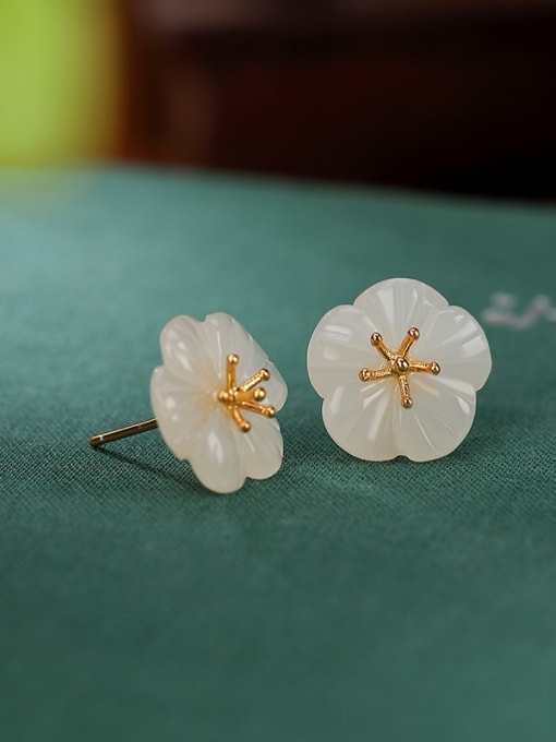 Gold 925 Sterling Silver Jade Flower Vintage Stud Earring