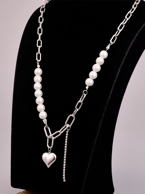 A TEEM Titanium Steel Imitation Pearl Heart Vintage Hollow Chain Necklace