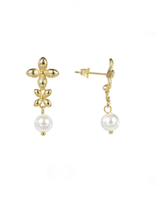 Gold Flower Pearl Earrings Brass Imitation Pearl Flower Minimalist Drop Earring