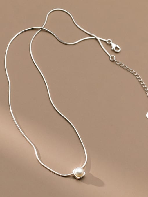 Silver 925 Sterling Silver Imitation Pearl Geometric Minimalist Necklace
