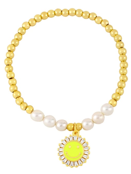 yellow Brass Imitation Pearl Enamel Smiley Trend Beaded Bracelet