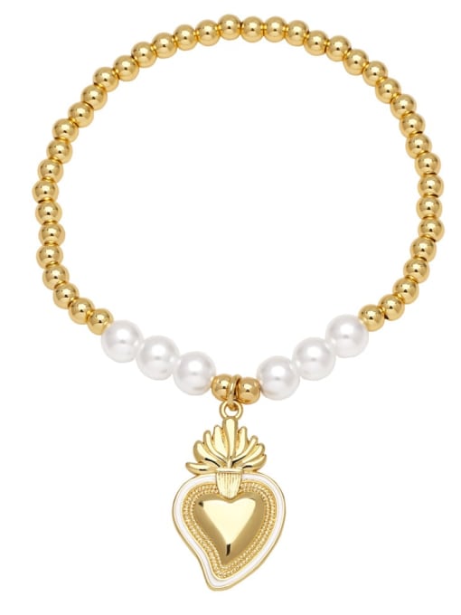 white Brass Enamel Heart Vintage Handmade Beaded Bracelet