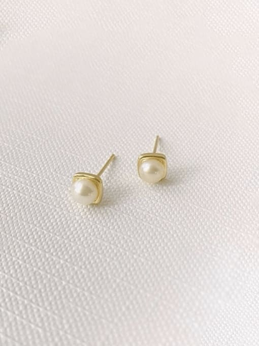 Gold 925 Sterling Silver Imitation Pearl Square Minimalist Stud Earring