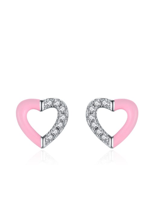 Pink Heart Earrings 925 Sterling Silver Cubic Zirconia Heart Minimalist Stud Earring