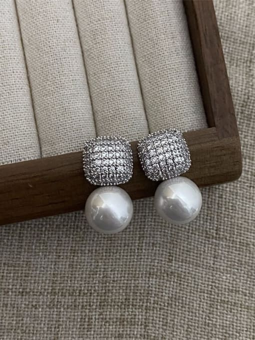 platinum slightly inlaid pearl earrings Brass Cubic Zirconia Geometric Minimalist Cluster Earring