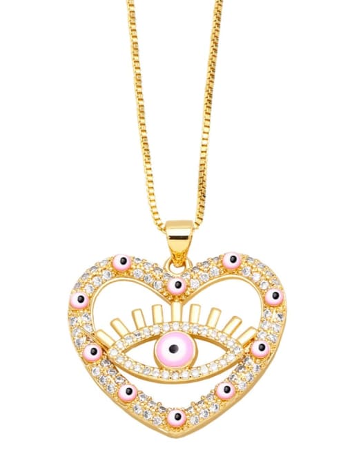 Pink Brass Cubic Zirconia Evil Eye Vintage Heart Pendant Necklace