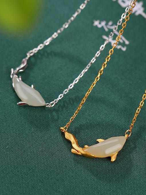 DEER 925 Sterling Silver Jade Dolphin Vintage Necklace 0