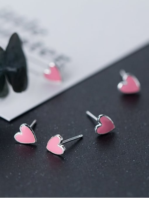 Rosh 925 Sterling Silver Pink Enamel Heart Minimalist Stud Earring 1