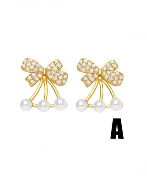 CC Brass Imitation Pearl Bowknot  Moon Cute Stud Earring 2