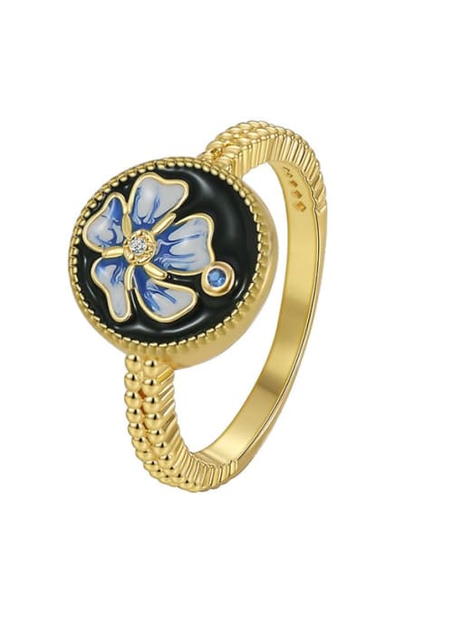 Gold Dropping Oil Zircon Lotus Ring Brass Enamel Flower Minimalist Band Ring