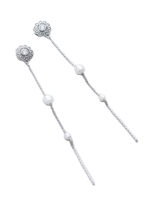Rosh 925 Sterling Silver Imitation Pearl White Flower Vintage Threader Earring 3