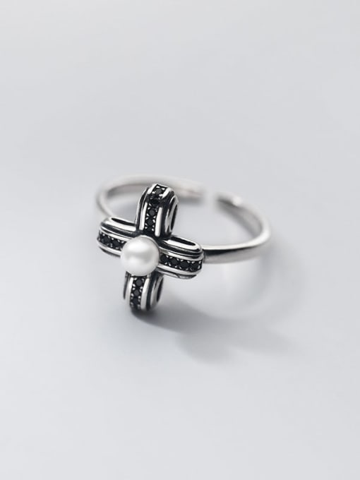 Rosh 925 Sterling Silver Imitation Pearl Cross Vintage Band Ring 3
