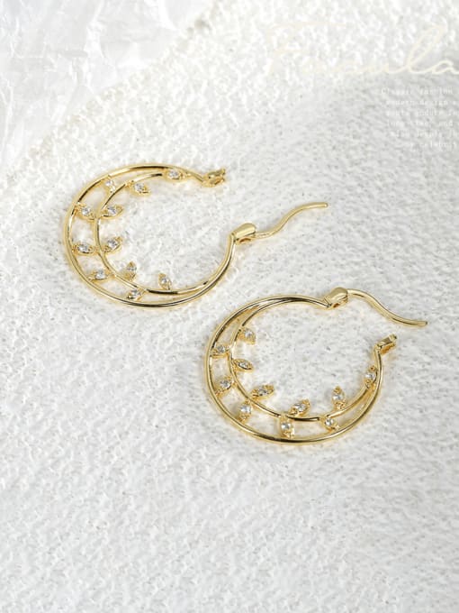 Gold leaf double ring earrings Brass Cubic Zirconia Leaf Minimalist Huggie Earring