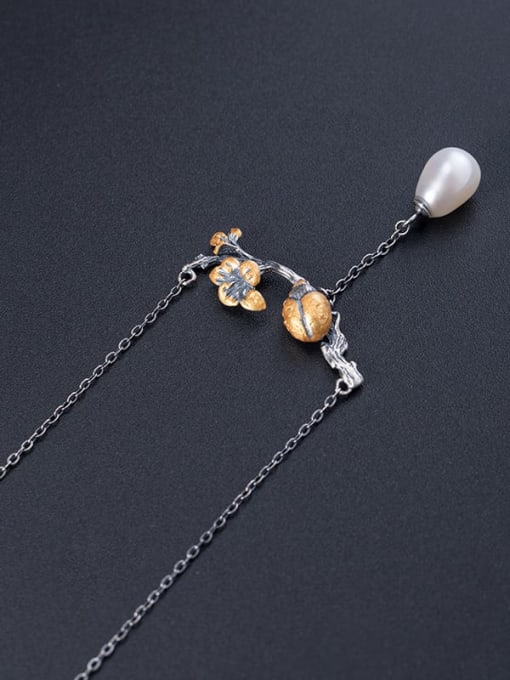 SILVER MI 925 Sterling Silver Imitation Pearl Ladybird  Flower Vintage Tassel Necklace 2