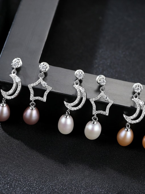 CCUI 925 Sterling Silver Freshwater Pearl White Star Moon Trend Drop Earring 3