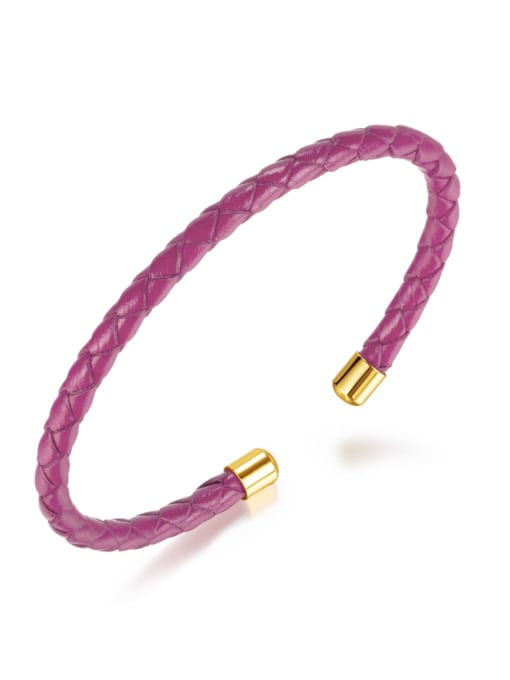 1525 Bracelet Pink Titanium Steel Artificial Leather Weave Minimalist Cuff Bangle