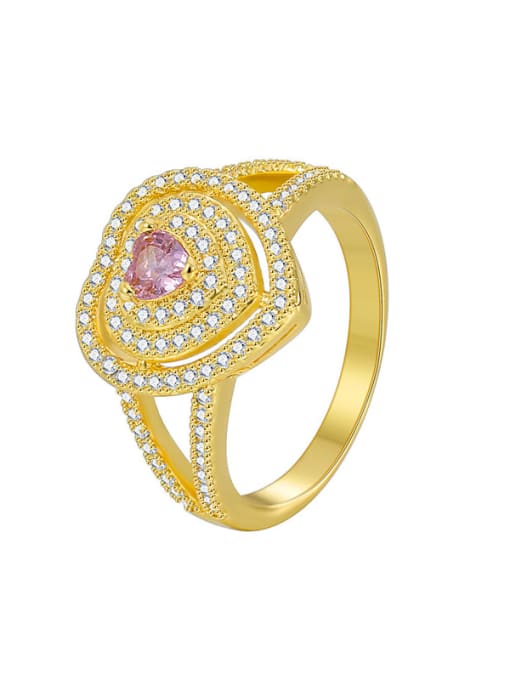 Gold Heart Pink Zircon Ring Brass Cubic Zirconia Heart Dainty Band Ring