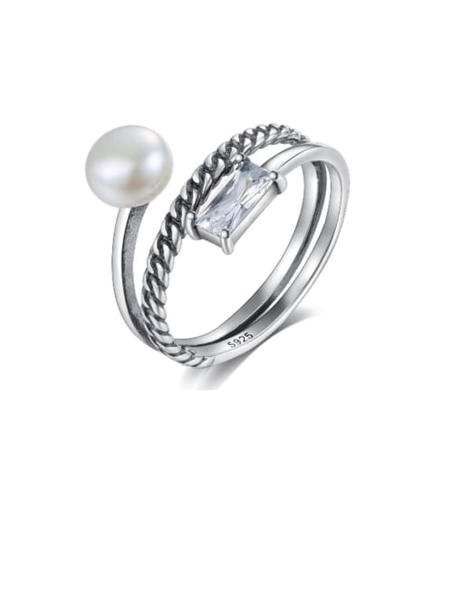 CCUI 925 Sterling Silver Freshwater Pearl White Geometric Vintage Stackable Ring 0