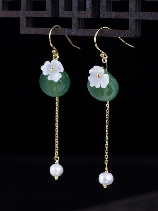 SILVER MI 925 Sterling Silver Shell Lampwork Stone Long Pearl Shell Colored Glass Petal Earrings 2