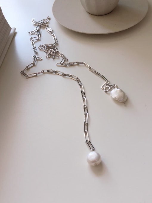 Boomer Cat 925 Sterling Silver Imitation Pearl White Irregular Minimalist Long Strand Necklace 2