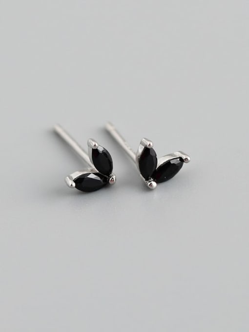 Black stone (Platinum) 925 Sterling Silver Cubic Zirconia Leaf Minimalist Stud Earring