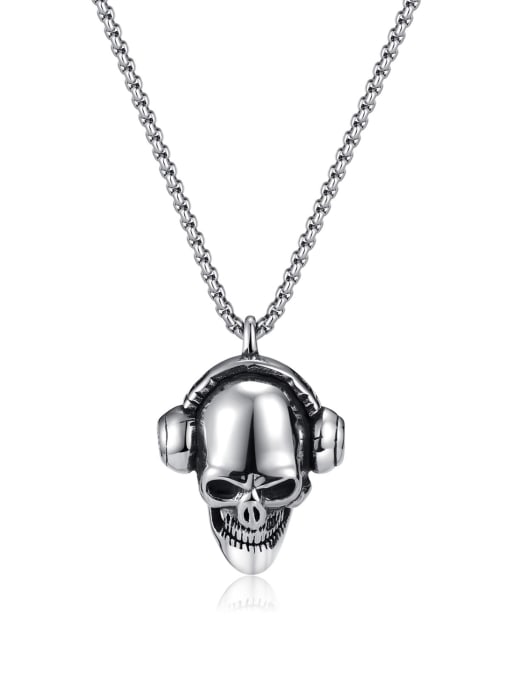 2233 steel pendant +pearl chain 3*55cm Titanium Steel Skull Hip Hop Necklace