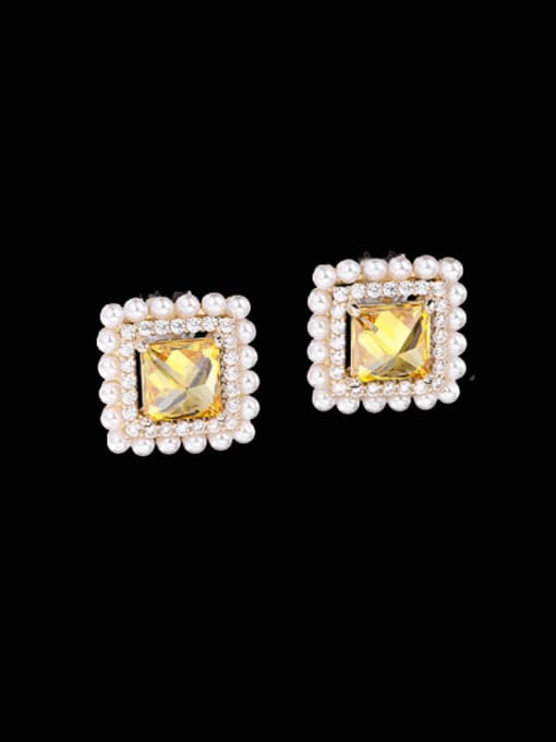 yellow Brass Imitation Pearl Square Minimalist Stud Earring