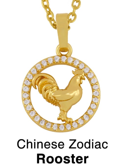 Rooster Brass Cubic Zirconia Ethnic 12 Zodiac Pendant  Necklace