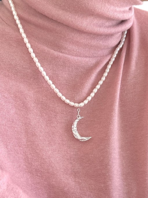 Boomer Cat 925 Sterling Silver Freshwater Pearl Moon Vintage Beaded Necklace