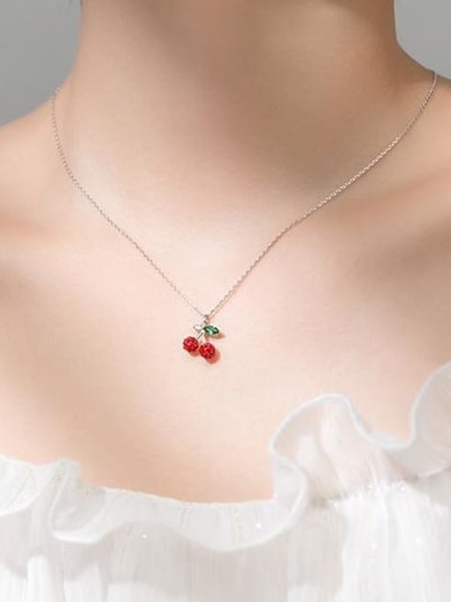 Rosh 925 Sterling Silver Rhinestone Friut Cute Cherry  Pendant Necklace 2