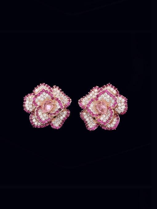 Rose red Brass Cubic Zirconia Flower Luxury Stud Earring