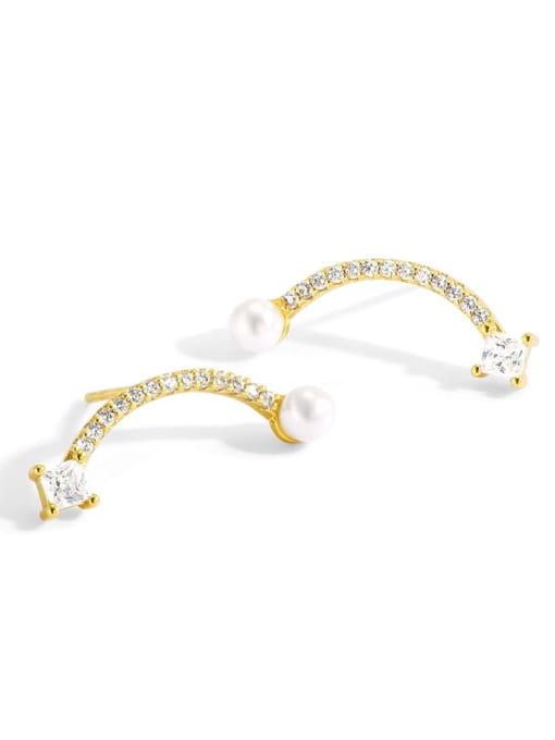 Golden arc Pearl Earrings Brass Cubic Zirconia Irregular Minimalist Stud Earring
