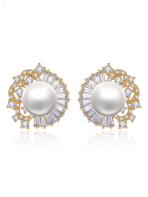 BLING SU Brass Imitation Pearl Flower Luxury Stud Earring 0