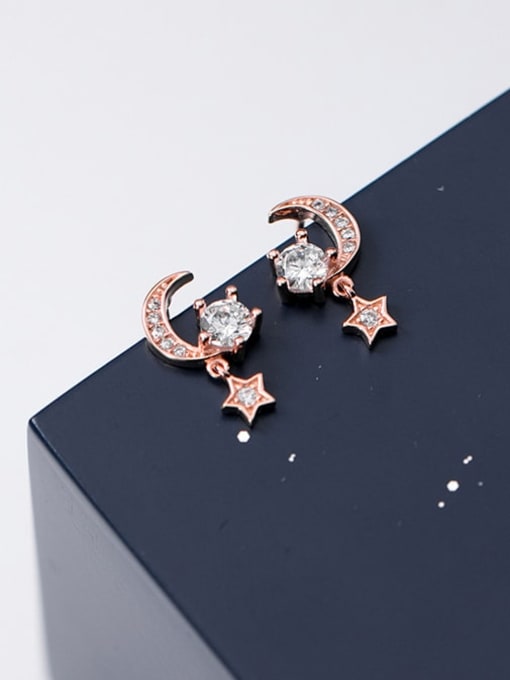 Rosh 925 Sterling Silver Cubic Zirconia  Star Moon Dainty Stud Earring