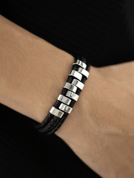 Open Sky Stainless steel Artificial Leather Weave Hip Hop Handmade Weave Bracelet 1