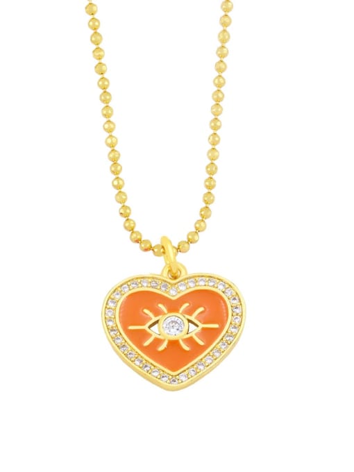 orange Brass Rhinestone Enamel Evil Eye Vintage Heart  Pendant Necklace