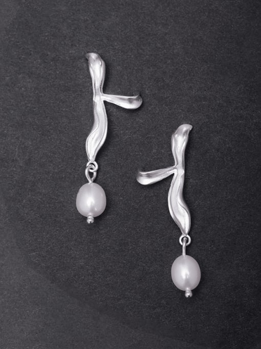 SILVER MI 925 Sterling Silver Freshwater Pearl Flower Vintage Drop Earring 0