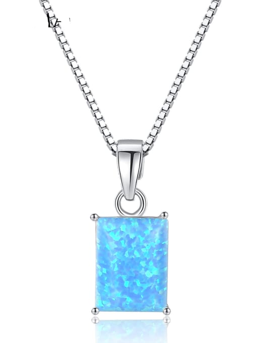 CCUI 925 Sterling Silver Blue Opal simple Square Pendant Necklace