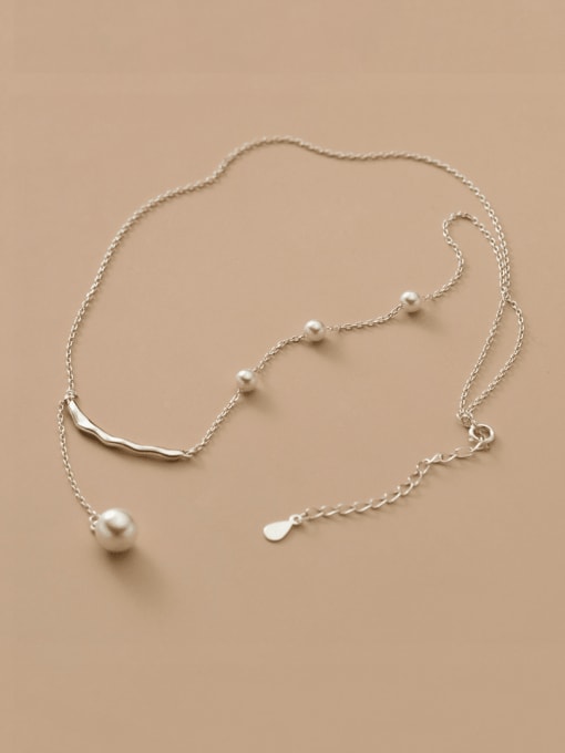 S925 Silver Necklace 925 Sterling Silver Imitation Pearl Tassel Minimalist Lariat Necklace