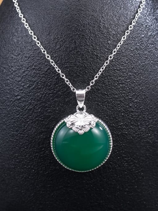 SILVER MI 925 Sterling Silver  Round Vintage Green Chalcedony  Pendant Necklace 2