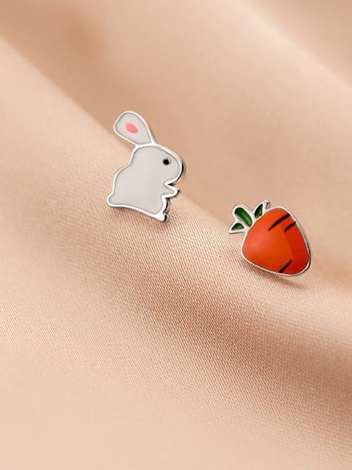 Rosh 925 Sterling Silver Enamel Cute  Asymmetric rabbit carrot Stud Earring 0