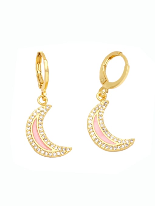 Pink Brass Cubic Zirconia Enamel Moon Minimalist Huggie Earring