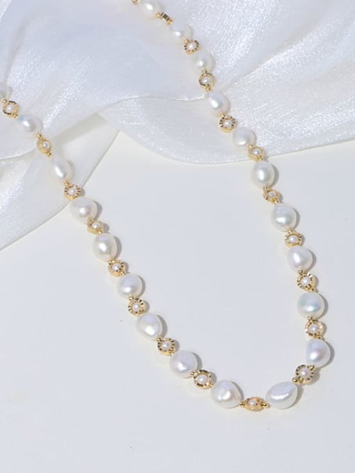 RAIN Brass Freshwater Pearl Geometric Minimalist Long Strand Necklace 1