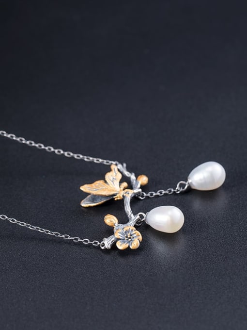 SILVER MI 925 Sterling Silver Imitation Pearl Branch Butterfly Vintage Tassel Necklace 2