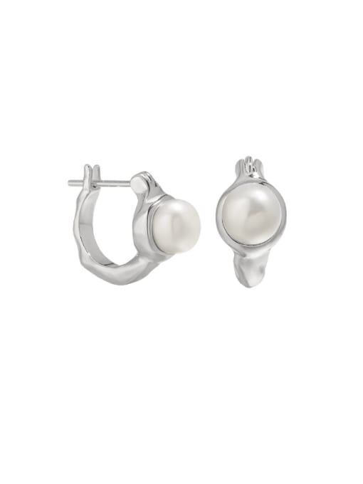 DAKA 925 Sterling Silver Imitation Pearl Geometric Minimalist Huggie Earring 0
