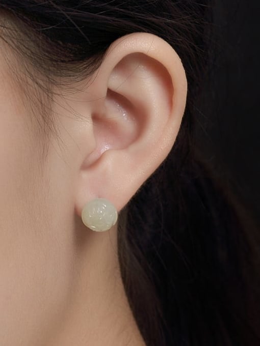 DEER 925 Sterling Silver Jade Lotus Flower Ethnic Stud Earring 1