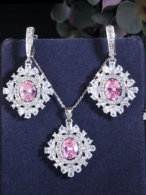Pink 8 three piece set Copper Cubic Zirconia Luxury Geometric Earring Ring and Necklace Set