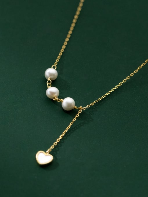 Rosh 925 Sterling Silver Imitation Pearl Heart Tassel Minimalist Tassel Necklace 0