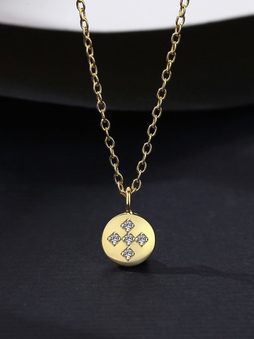 14K 14I01 gold 925 Sterling Silver Rhinestone Cross Round Minimalist Necklace