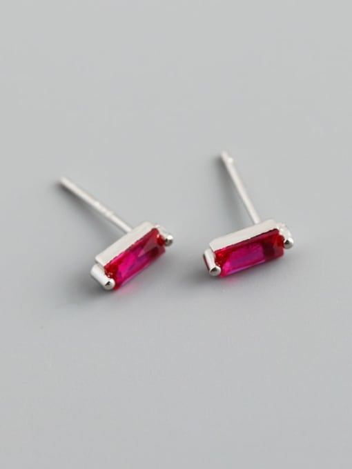 Red stone (Platinum) 925 Sterling Silver Cubic Zirconia Rectangle Minimalist Stud Earring
